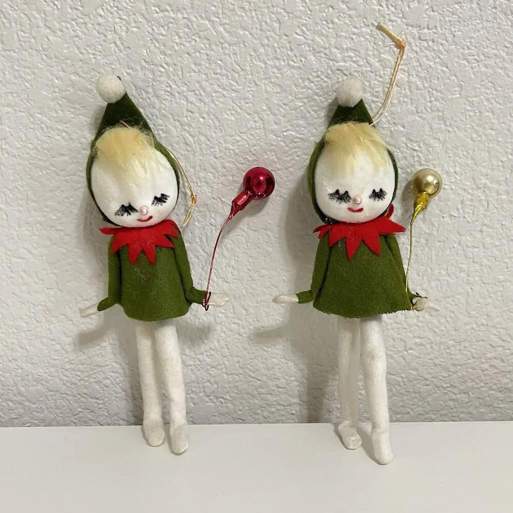 Vintage Flocked Felt Snow Baby Elf Christmas Ornaments Holding Balloons Lot of 2